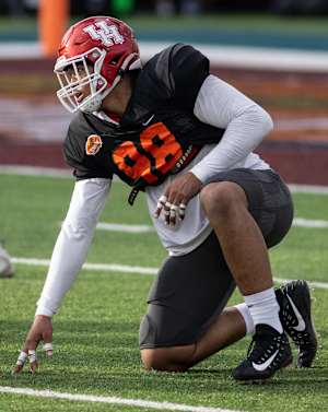 Jan 27, 2021; American defensive lineman Payton Turner of Houston (98) gets set at the line during American practice at Hancock Whitney Stadium in Mobile, Alabama, USA; Mandatory Credit: Vasha Hunt-USA TODAY Sports